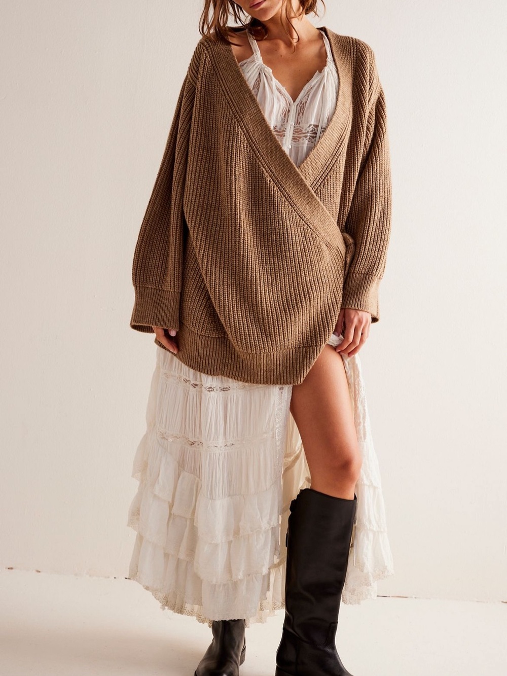 We The Free Obi Cardi Driftwood brown acrylic brown wrap sweater cardigan
